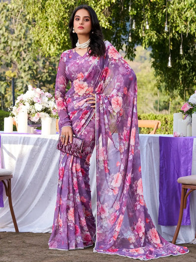Exquisite Purple Floral Printed Chiffon Saree With Blouse